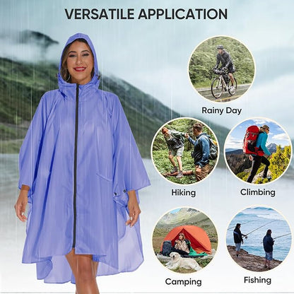 PTEROMY Hooded Rain Poncho for Adult with Pocket and Zipper, Waterproof Lightweight Raincoat for Men and Women