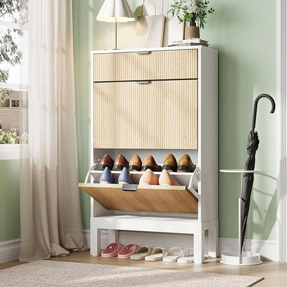 GAOMON Shoe Cabinet with 2 Flip Drawers, Entryway Cabinet with Adjustable Shelves, Accommodate 8 to 12 Pair of Shoes, Space-Saving Slim Shoe Cabinet for Entryway, Hallway, Front Door, White Oak