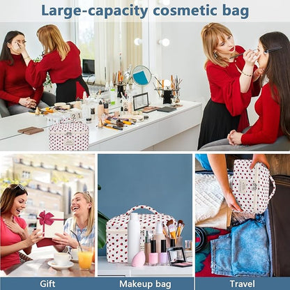 Large Makeup Bag, Cute Cosmetic Bag for Women Girls, Floral Coquette Aesthetic Toiletry Bag, Travel Make Up Organizer Bag (Strawberry)