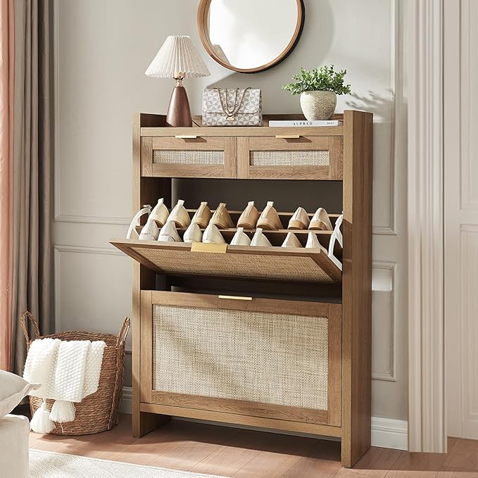 Rattan Shoe Storage Cabinet with 2 Drawers & 2 Flip Drawers – Hidden Slim Shoe Organizer for Entryway, Large Tabletop Space, Farmhouse Boho Narrow Shoe Rack, Rustic Oak