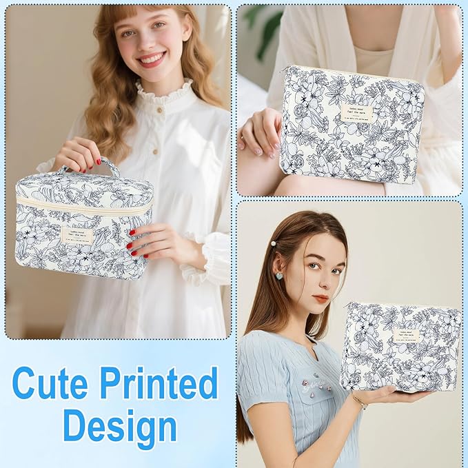 2Pcs Cotton Quilted Makeup Bag for Women Girls Floral Travel Large Small Cosmetic Bag Set Cute Vintage Flower Makeup Pouch Portable Toiletry Bag Organizer Coquette Aesthetic Makeup Brush Bag