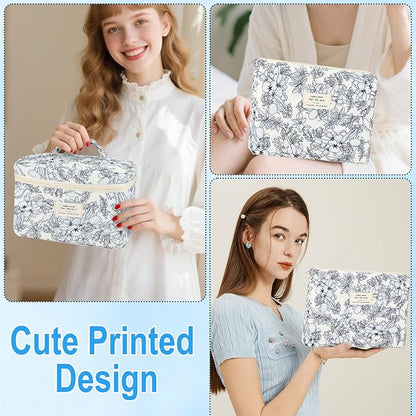 2Pcs Cotton Quilted Makeup Bag for Women Girls Floral Travel Large Small Cosmetic Bag Set Cute Vintage Flower Makeup Pouch Portable Toiletry Bag Organizer Coquette Aesthetic Makeup Brush Bag