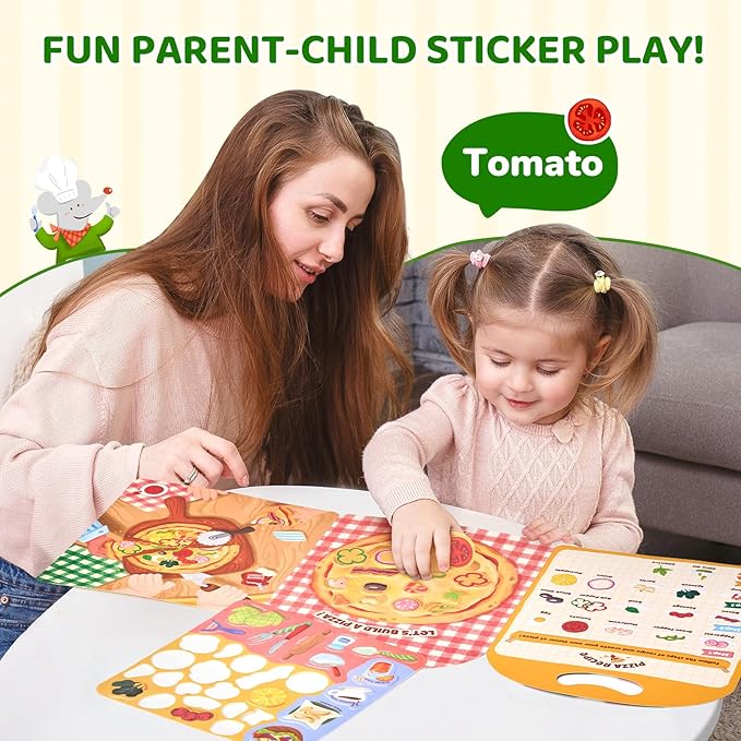 JoyCat Reusable Sticker Book - Jelly Stickers for Toddlers, Kids Sticker Activity Book, Travel Toys for Road Trip, Car & Airplane, Educational Learning Gifts for Boys and Girls Ages 3-5 (Pizza-Making)