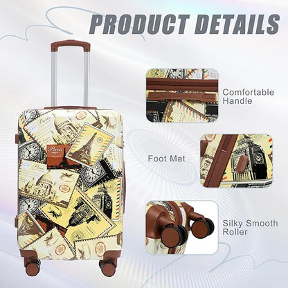 Campfun Luggage Sets 3 Piece, Hardside PC Suitcase Sets with Double Spinner Wheels, Durable Printed Pattern Carry On Luggage with TSA Lock, 20/24/28 inch(City Stamps)