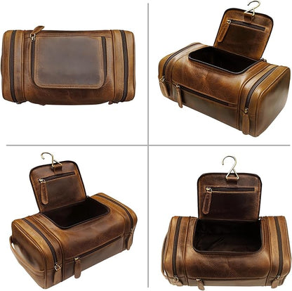 ELIZO Genuine Leather Toiletry Bag for Men Mens Toiletry Bags for Traveling Waterproof Hanging Leather Dopp Kit w/Hook Extra largeToiletry Bag Travel Organizer for Toiletries
