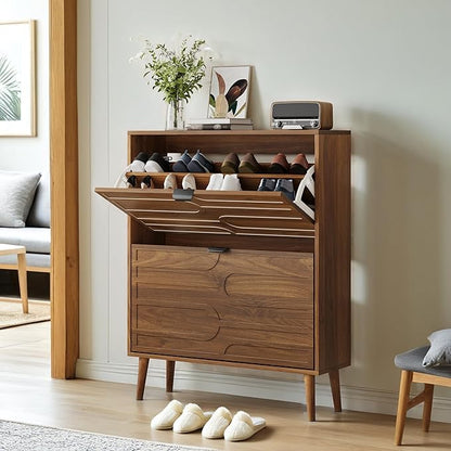 Spaco Walnut Shoe Cabinet Storage for Entryway,Narrow Shoe Organizer Cabinet with 2 Flip Drawers,Slim Shoe Rack with Solid Wood Leg for Hallway,Closet