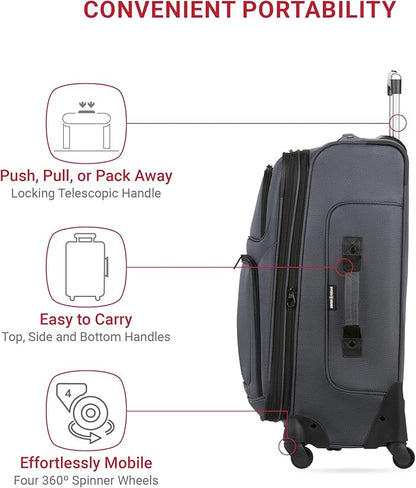 SwissGear Sion Softside Expandable Luggage – Medium Checked Suitcase with 360 Degree Wheels & Retractable Handle – 25 Inch, Perfect for 1-7 Night Trips – Dark Gray