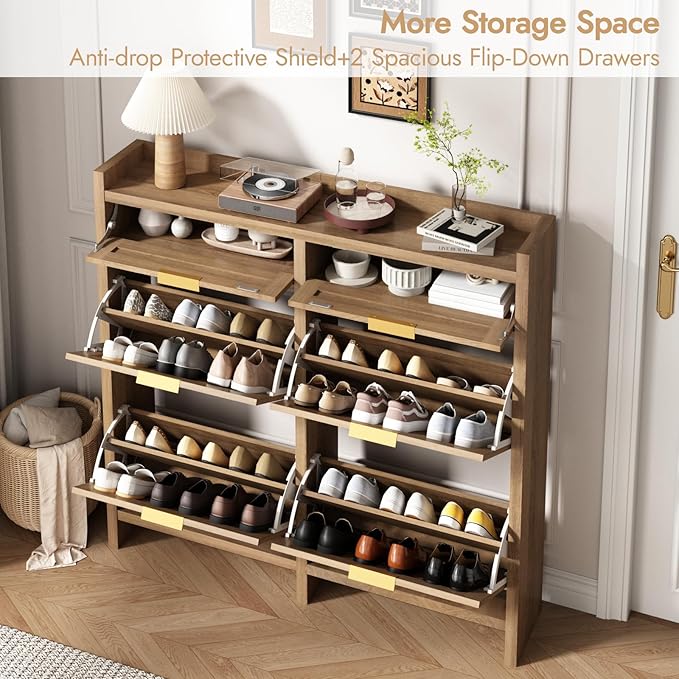 Large Rattan Shoe Storage Cabinet with 4 Flip Drawers & 2 Storages–Hidden Slim Shoe Organizer for Entryway, Large Tabletop Space, Farmhouse Boho Narrow Shoe Rack, Rustic Oak