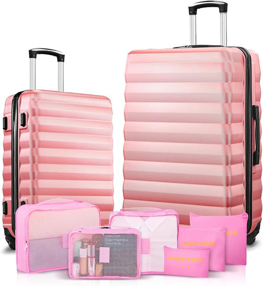Luggage Sets 2 Piece, 20 Inch 28 Inch ABS Hardshell Suitcase Set with Spinner Wheels, Carry On and Checked Luggage for Women and 6 Piece Travel Organize Bags