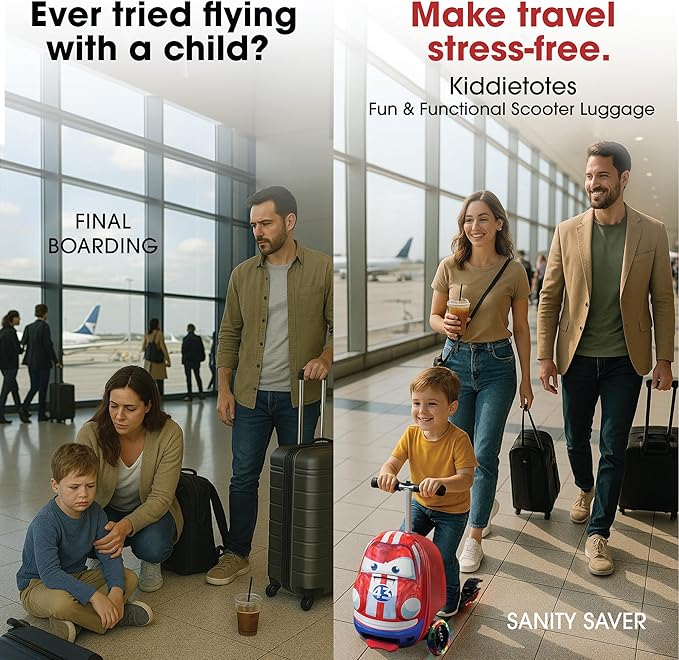 Kiddietotes 3-D Hardside Scooter Ride On Suitcase for Kids - Cute Lightweight Kids Luggage with Wheels - Fun LED Lights