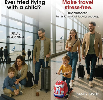 Kiddietotes 3-D Hardside Scooter Ride On Suitcase for Kids - Cute Lightweight Kids Luggage with Wheels - Fun LED Lights