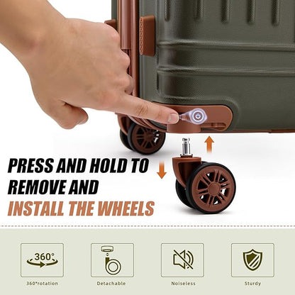 KUNEL Expandable 5 Piece Luggage Sets with Detachable Spinner Wheels and TSA Lock, Unisex Hardside ABS Suitcase Set, Hardshell Lightweight Waterproof Travel Hard Case Suitcases with Wheels, OliveDrab