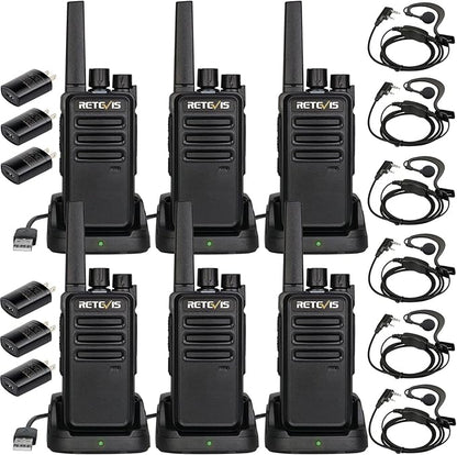 Retevis RT68 Two Way Radios with Earpiece, Heavy Duty Walkie Talkies for Adults, Compact 2 Way Radio Long Range Rechargeable with USB Charging Base, for Restaurant Church Security School (6 Pack)