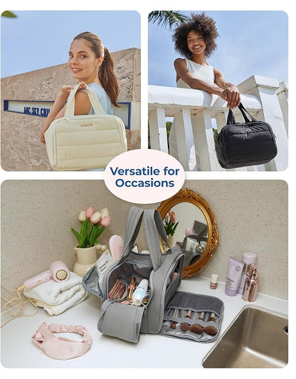 BAGSMART Travel Toiletry Bag, Lightweight Large Wide-open Travel Bag for Women, Puffy Cosmetic Makeup Bag Organizer with Handle for Accessories,Essentials, Toiletries, Grey