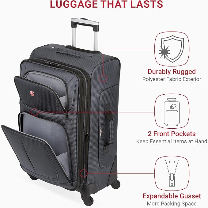 SwissGear Sion Softside Expandable Luggage – Medium Checked Suitcase with 360 Degree Wheels & Retractable Handle – 25 Inch, Perfect for 1-7 Night Trips – Dark Gray