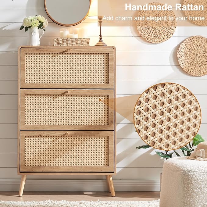 Rattan Shoe Cabinet with 3 Flip Drawers, 24 Pairs Narrow Shoe Storage Cabinet for Entryway Freestanding Hidden Shoe Rack, Modern Slim Wood Shoe Organizer for Hallway, Natural