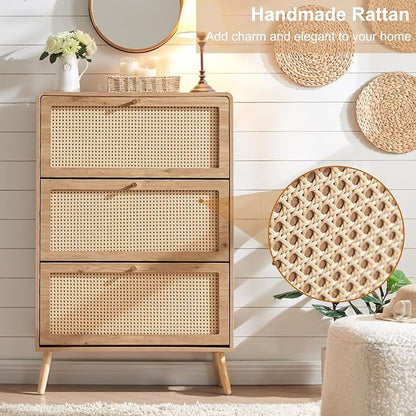 Rattan Shoe Cabinet with 3 Flip Drawers, 24 Pairs Narrow Shoe Storage Cabinet for Entryway Freestanding Hidden Shoe Rack, Modern Slim Wood Shoe Organizer for Hallway, Natural