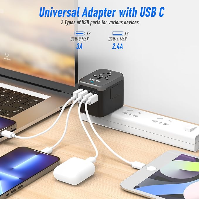 Universal Travel Adapter, VYLEE 5 in 1 International Power Adapter, 3.5A 2xUSB-A and 2xUSB C Wall Charger, Worldwide Travel Essentials Plug for Europe USA UK AUS Asia (Black Grey)