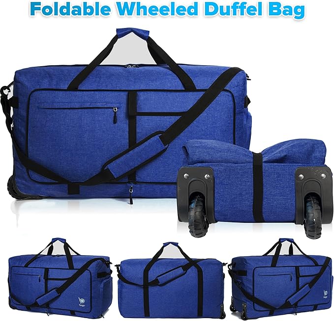 Bago Rolling Duffle Bag with Wheels - 30" 100L Foldable Weekender Bag, Waterproof Travel Duffel Bags, Heavy Duty Lightweight Duffle Bags for Traveling, Rolling Duffels with Wheels (SnowDepBlue)