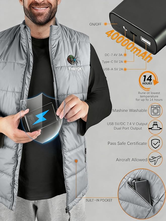 21 Heated Zones Heated Vest, with 40000mAH 7.4V Battery Pack Heated Vest for Men & Women, 5 in 1 Smart Controller