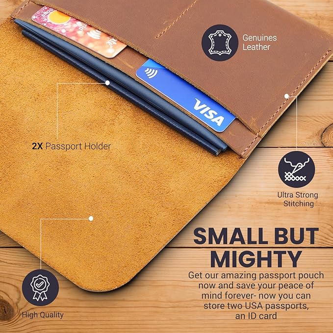 Leather Passport Holder with Travel Wallet, Genuine Leather Passport Cover- Passport Wallet, Leather Folding Wallet for Passports (Strap, Brown)