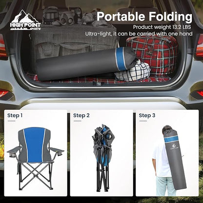 HIGH POINT SPORTS Portable Camping Chair, Heavy Duty Outdoor Folding Chair with Armrest, Foldable Camp Chair with Cup Holder, Portable Lawn Chair for Adults Support 350 LBS, Blue-Gray
