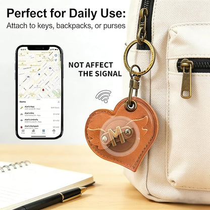 Initial Letter Leather Alphabet Keychain Holder Case Compatible with AirTag,Cute Protective Air Tag Cover with Bronze Keyring,Anti-Scratch Finder GPS Tracker Case for Pets Keys Wallet Luggage(M)