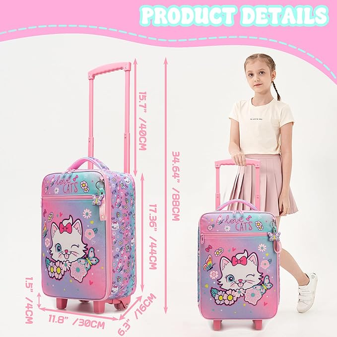 Kids Luggage Set with Wheels Girls Cute Cat Travel Softside Suitcases 16" Carry on Suitcase with Duffle Bag Girls Luggage Sets Airline Approved