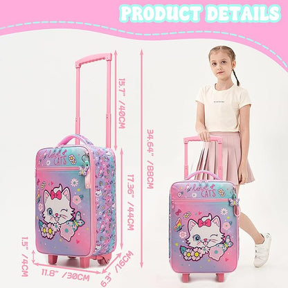 Kids Luggage Set with Wheels Girls Cute Cat Travel Softside Suitcases 16" Carry on Suitcase with Duffle Bag Girls Luggage Sets Airline Approved