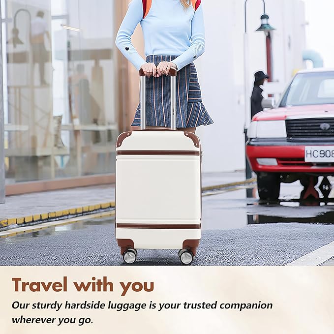 Merax 24 Inch Checked Luggage, Expandable Suitcase with Spinner Wheels, Hard Shell Vintage Luggage Set with TSA Lock(White)
