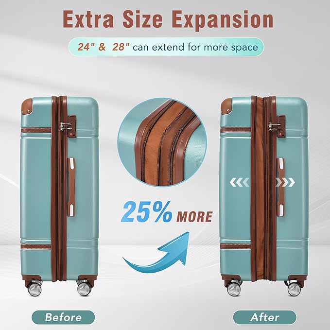 Merax Luggage Set 3 Piece Suitcase Set with 1 Cosmetic Case Expandable Spinner Wheels Vintage Luggage Sets(Blue Green,20"+24"+28")