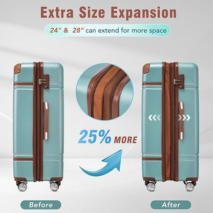 Merax Luggage Set 3 Piece Suitcase Set with 1 Cosmetic Case Expandable Spinner Wheels Vintage Luggage Sets(Blue Green,20"+24"+28")
