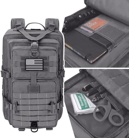 MOLLE Assault Backpack, Tactical Backpack Military Army Camping Rucksack, 3-Day Pack Trip w/USA Flag Patch, D-Rings, Grey