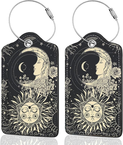 2Pack Luggage Tags for Suitcases, Cute Unique Pu Leather Cruise Luggage Tag with Privacy Cover ID Label Address Card and Metal Ring Suitable for Women Men Kids Travel Bag Sun, Moon, Face and Flower