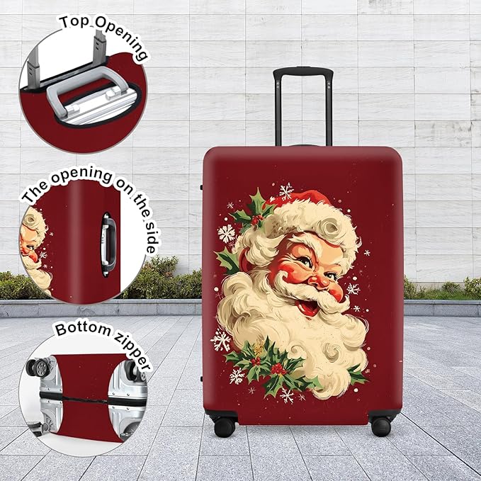 Retro Santa Luggage Cover - Vintage Saint Nicholas with Holly and Snowflakes, Traditional Christmas Suitcase Protector 18 20 22 Inch