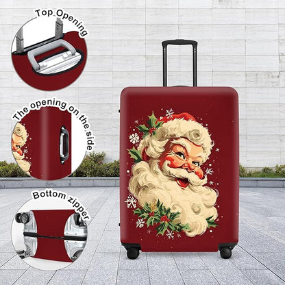 Retro Santa Luggage Cover - Vintage Saint Nicholas with Holly and Snowflakes, Traditional Christmas Suitcase Protector 24 26 Inch