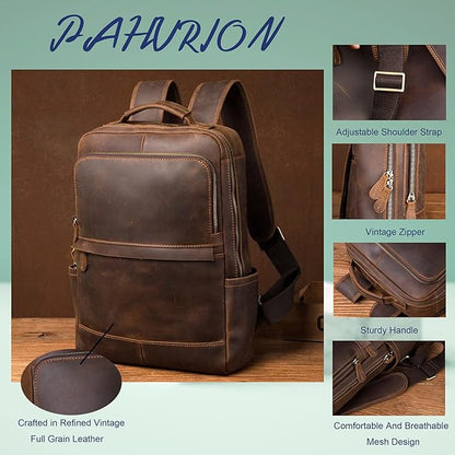 Vintage Genuine Leather 14 Inch Laptop Backpack,Hiking Travel Bag Anti Theft Camping Daypack