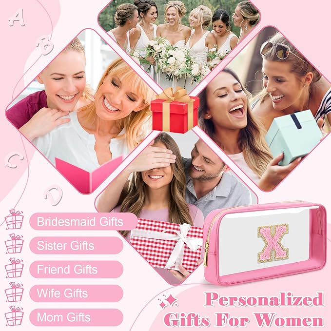Personalized Initial Letter Clear Makeup Bag,Preppy Small Nylon&PVC Cosmetic Zipper Bag with Chenille Letter,Portable Beach Travel Skincare Toiletry Bag,Trendy Monogram Gift for Teen Girls Women,X