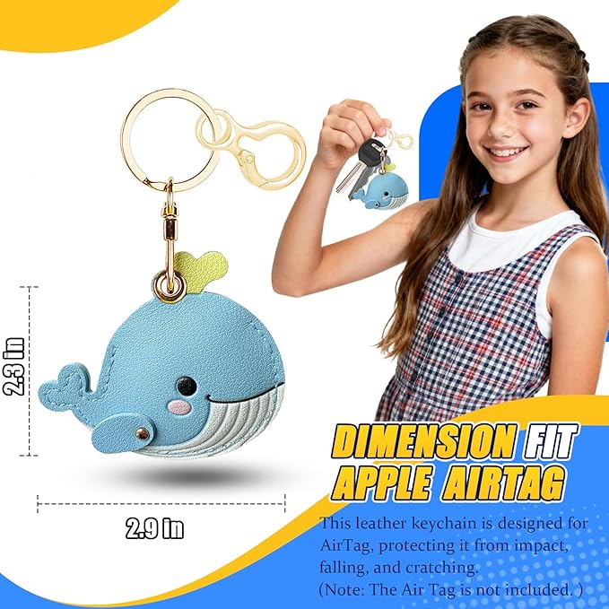 Leather Keychain for Airtag, Cute Protective Keychain Holder Compatible with Apple Air Tag,GPS Item Tracker Case Cover for Keys,Bags,Pets,Luggage(Whale)