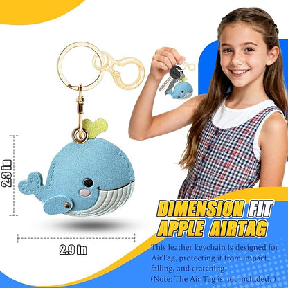 Leather Keychain for Airtag, Cute Protective Keychain Holder Compatible with Apple Air Tag,GPS Item Tracker Case Cover for Keys,Bags,Pets,Luggage(Whale)