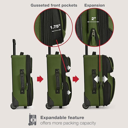 U.S. Traveler Rio Lightweight Softside Rolling Carry-on Suitcase, 2-Wheel Set, Green