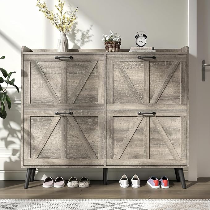 Shoe Cabinet with 4 Flip Drawers, Entryway Shoe Storage Cabinet Slim, Farmhouse Shoe Organizer Cabinet for Entryway, Narrow Hidden Shoe Cabinet with Wooden Legs, Washed Gray