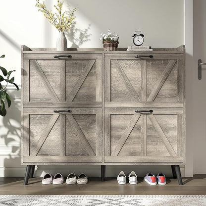 Shoe Cabinet with 4 Flip Drawers, Entryway Shoe Storage Cabinet Slim, Farmhouse Shoe Organizer Cabinet for Entryway, Narrow Hidden Shoe Cabinet with Wooden Legs, Washed Gray