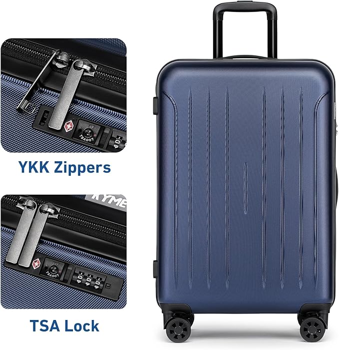 KYME 24-Inch Medium Luggage with Dual 360° Spinner Wheels Hardshell Checked TSA Approved Suitcase for Lightweight Travel (Navy Blue, 24" Checked)