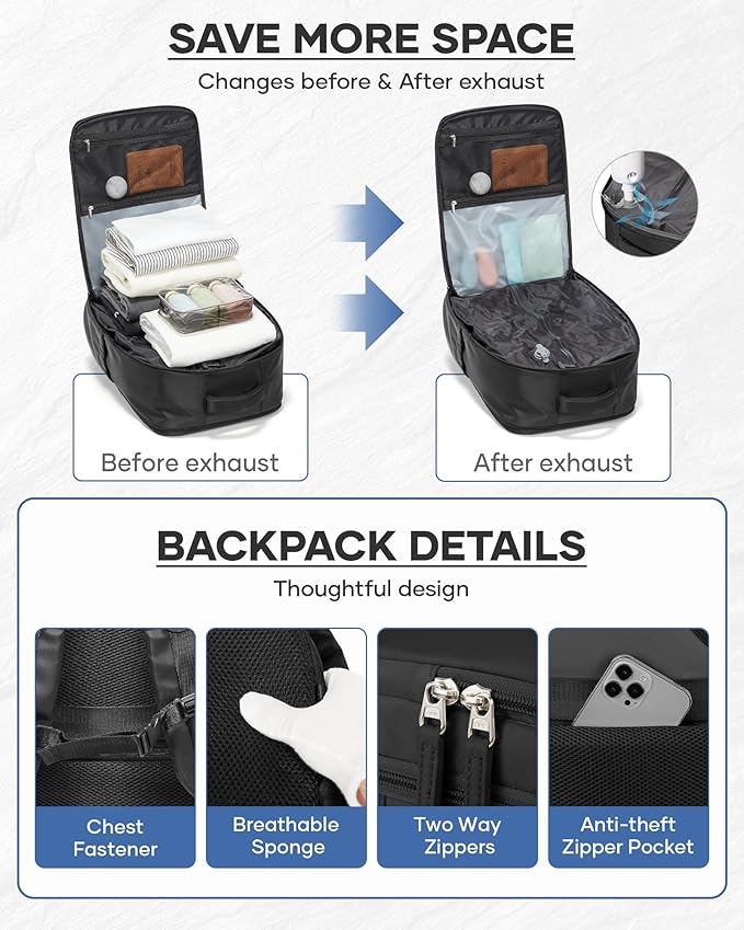 Vacuum Backpack Travel With Pump,Mochila De Viaje Compresion Al Vacio,Personal Item Travel Backpack With Vacuum System,Large Carry On Vacpack Backpacks For Women Men,Black