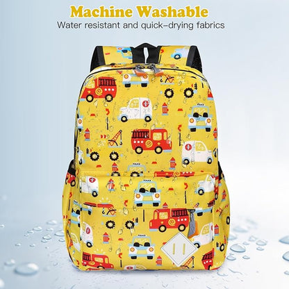 Kids Backpack for Girls Boys - 15 Inch Cute Cars Little Kids Backpack Waterresistant Toddler Preschool Kindergarten School Bag for Aged 3-8, Yellow