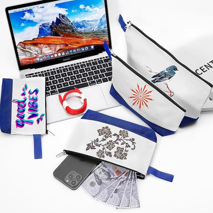 10 Pieces Cotton Canvas Makeup Bag with Bottom and Strap, Multi-Purpose Cosmetic Bag with Zipper Travel Toiletry Pouch, Blank DIY Craft Bag (White&Blue, M)