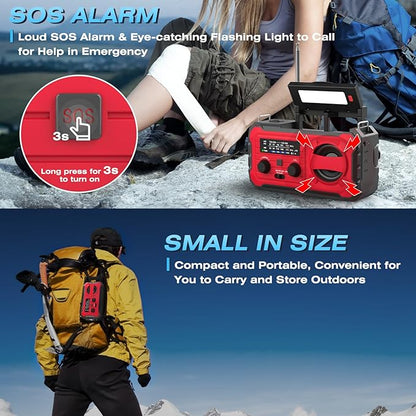 10000mAh Emergency Radio, NOAA Weather Radio with AM/FM, 37000mWh Rechargeable Phone Power, USB/Solar/Hand Crank Charging, LED Flashlight, SOS Alarm, Reading Lamp for Indoor/Outdoor Emergencies