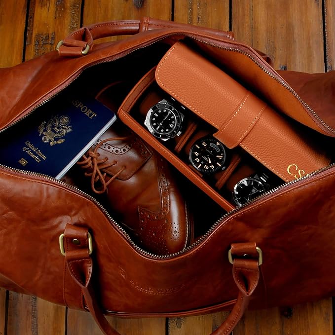 HomeWetBar Durham Custom Leather Jewelry, Bracelet & Watch Roll for Travel - Personalized Leather Case for 3 Watches & Accessories