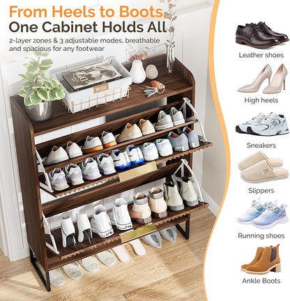 VINGLI Fluted Shoe Cabinet Storage for Entryway,Hidden Shoes Storage Cabinet with 2 Flip Drawers, Mid Century Modern Shoe Rack Organizer,Free Standing Shoes Organizer for Hallway(Dark Walnut)
